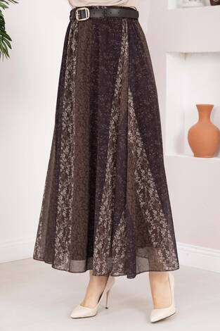 Mini Çiçek Desen Kemerli Şifon Etek Kahve - Thumbnail