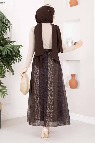 Mini Çiçek Desen Kemerli Şifon Etek Kahve - Thumbnail
