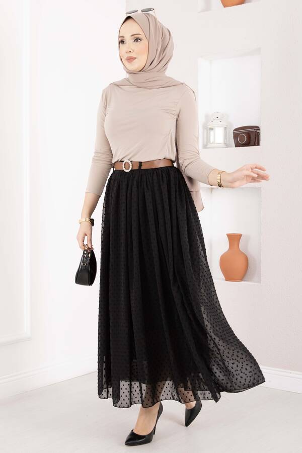 Tab - Mini Puantiyeli Kemerli Tül Etek Siyah