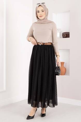 Mini Puantiyeli Kemerli Tül Etek Siyah - Thumbnail