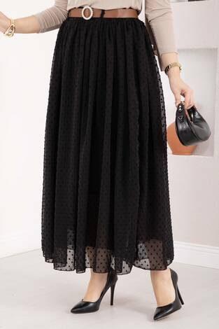 Mini Puantiyeli Kemerli Tül Etek Siyah - Thumbnail