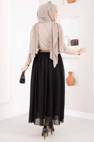 Mini Puantiyeli Kemerli Tül Etek Siyah - Thumbnail