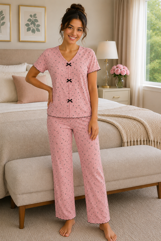 Minik Desenli Fiyonklu Pijama Takımı Pembe - Thumbnail