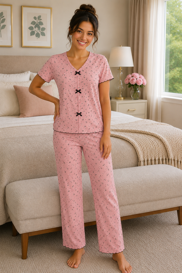 Fms - Minik Desenli Fiyonklu Pijama Takımı Pembe (1)