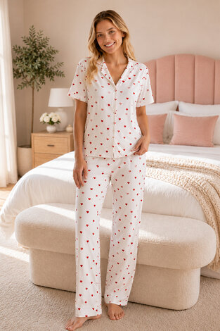 Minik Kalp Desen Kısa Kol Pijama Takımı Ekru