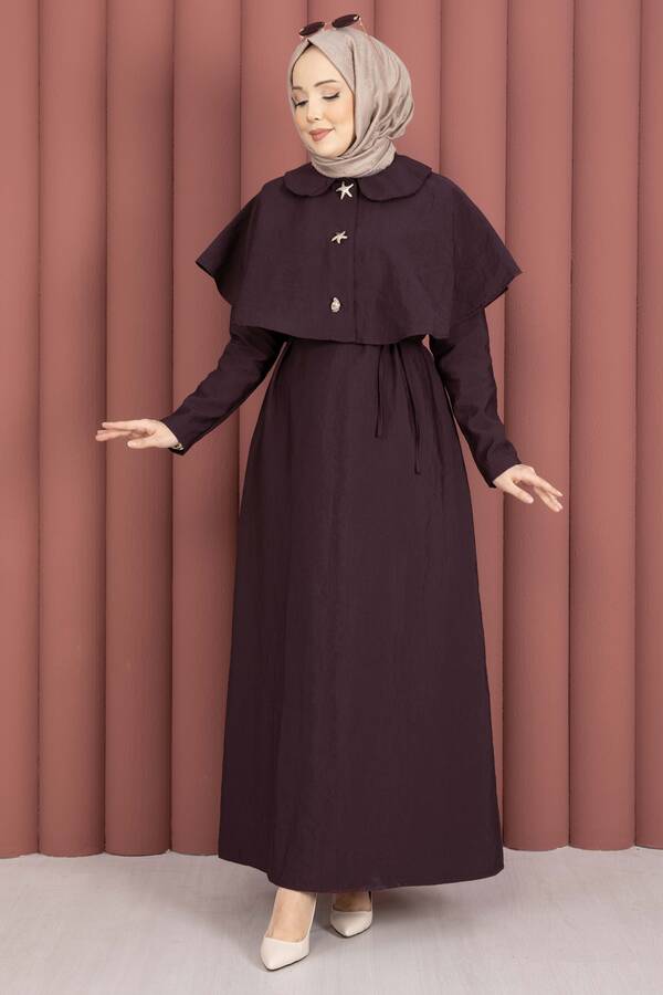 MD - Minimal Pelerin Detaylı Bağcıklı Elbise Bordo