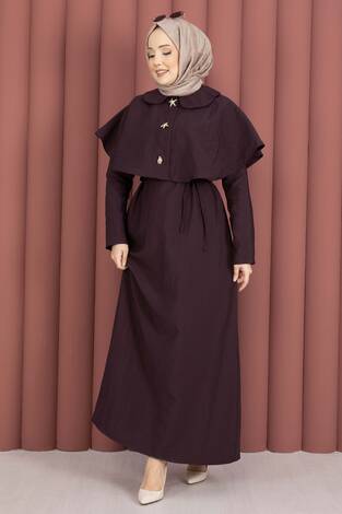 Minimal Pelerin Detaylı Bağcıklı Elbise Bordo - Thumbnail