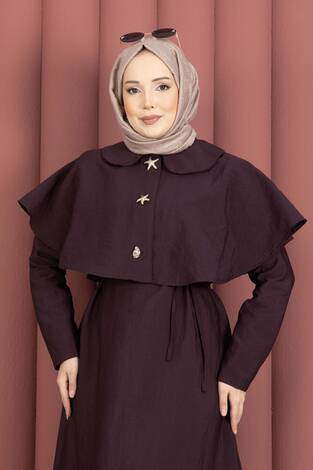 Minimal Pelerin Detaylı Bağcıklı Elbise Bordo - Thumbnail