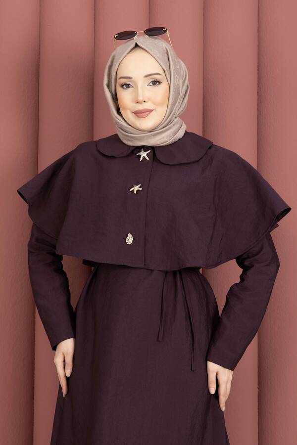 MD - Minimal Pelerin Detaylı Bağcıklı Elbise Bordo (1)