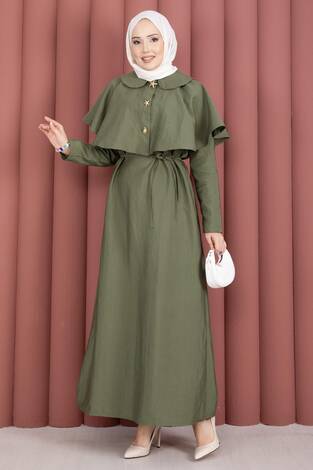 Minimal Pelerin Detaylı Bağcıklı Elbise Çağla Yeşili - Thumbnail