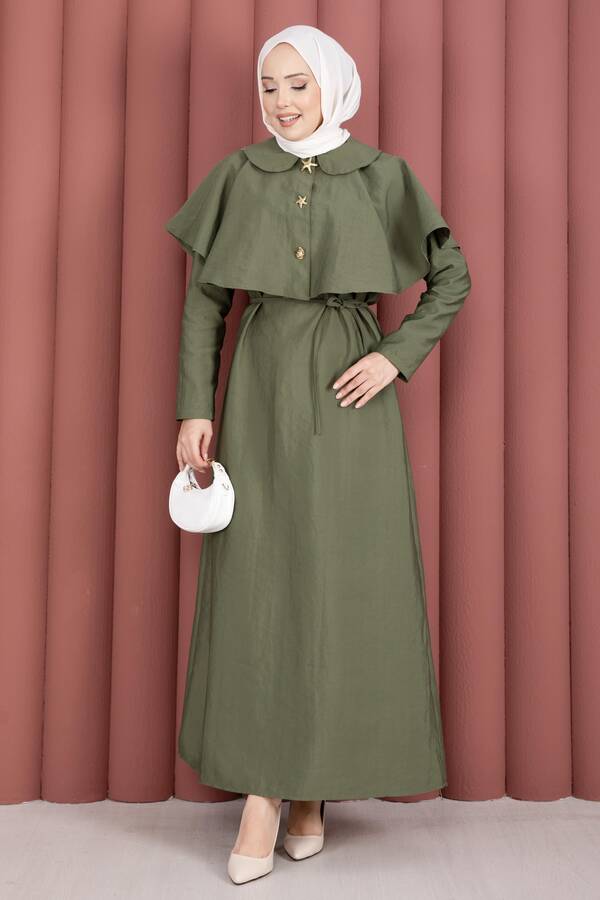 MD - Minimal Pelerin Detaylı Bağcıklı Elbise Çağla Yeşili
