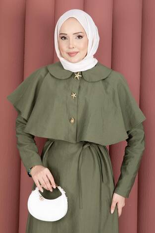 Minimal Pelerin Detaylı Bağcıklı Elbise Çağla Yeşili - Thumbnail