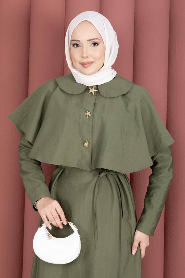 MD - Minimal Pelerin Detaylı Bağcıklı Elbise Çağla Yeşili (1)