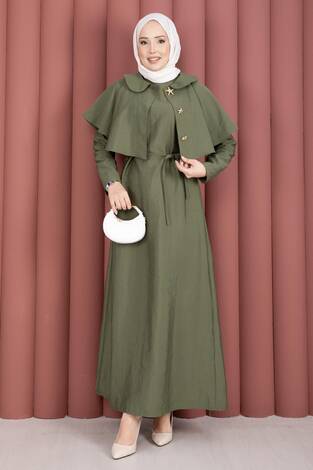 Minimal Pelerin Detaylı Bağcıklı Elbise Çağla Yeşili - Thumbnail