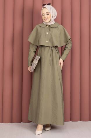 Minimal Pelerin Detaylı Bağcıklı Elbise Haki - Thumbnail