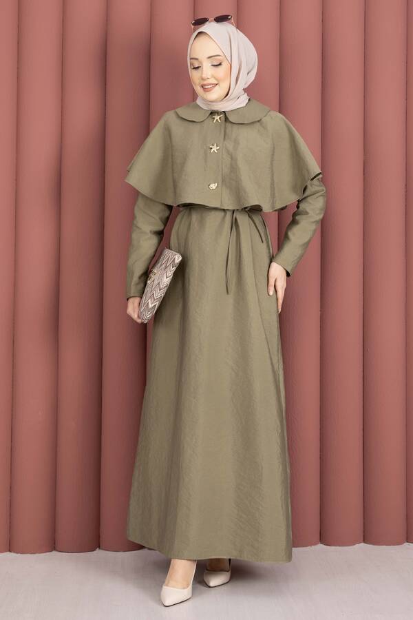 MD - Minimal Pelerin Detaylı Bağcıklı Elbise Haki