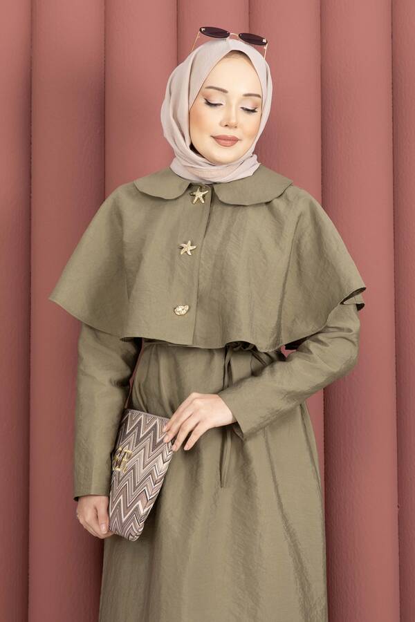 MD - Minimal Pelerin Detaylı Bağcıklı Elbise Haki (1)