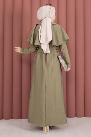 Minimal Pelerin Detaylı Bağcıklı Elbise Haki - Thumbnail