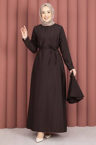 Minimal Pelerin Detaylı Bağcıklı Elbise Kahve - Thumbnail