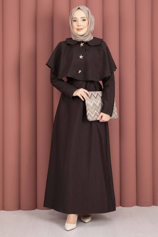 MD - Minimal Pelerin Detaylı Bağcıklı Elbise Kahve