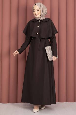 Minimal Pelerin Detaylı Bağcıklı Elbise Kahve - Thumbnail