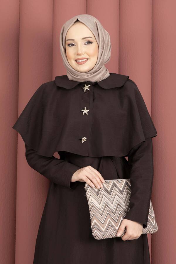 MD - Minimal Pelerin Detaylı Bağcıklı Elbise Kahve (1)