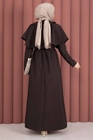 Minimal Pelerin Detaylı Bağcıklı Elbise Kahve - Thumbnail