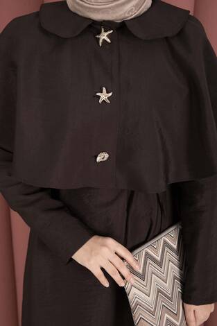 Minimal Pelerin Detaylı Bağcıklı Elbise Kahve - Thumbnail