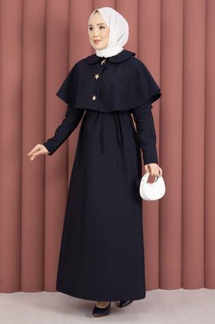 Minimal Pelerin Detaylı Bağcıklı Elbise Lacivert - Thumbnail