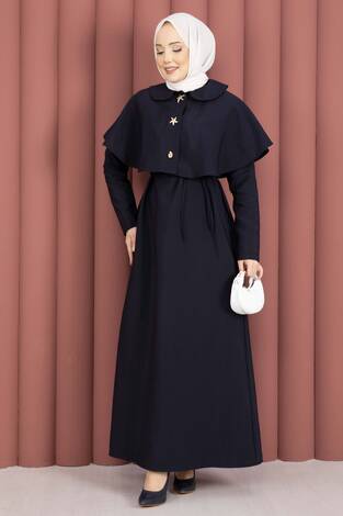 Minimal Pelerin Detaylı Bağcıklı Elbise Lacivert