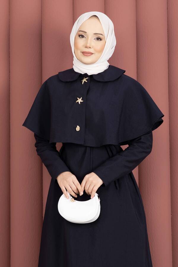 MD - Minimal Pelerin Detaylı Bağcıklı Elbise Lacivert (1)