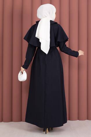 Minimal Pelerin Detaylı Bağcıklı Elbise Lacivert - Thumbnail