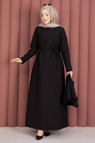 Minimal Pelerin Detaylı Bağcıklı Elbise Siyah - Thumbnail