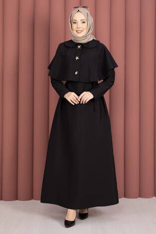 Minimal Pelerin Detaylı Bağcıklı Elbise Siyah - Thumbnail