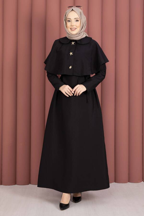 MD - Minimal Pelerin Detaylı Bağcıklı Elbise Siyah (1)