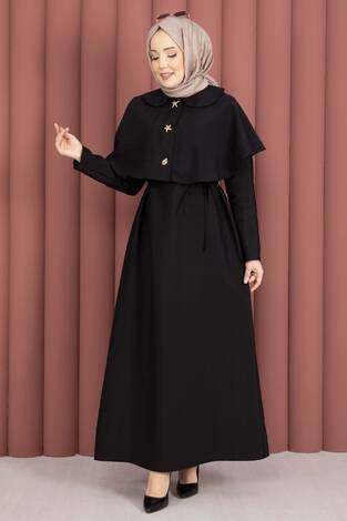 Minimal Pelerin Detaylı Bağcıklı Elbise Siyah - Thumbnail