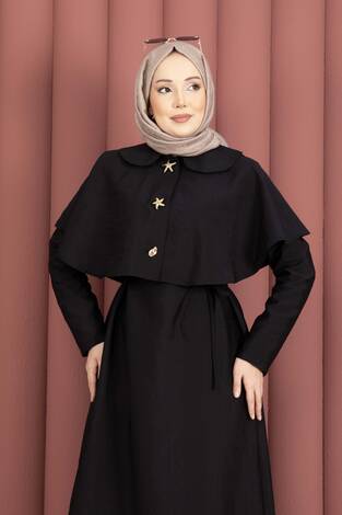 Minimal Pelerin Detaylı Bağcıklı Elbise Siyah - Thumbnail