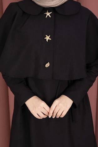 Minimal Pelerin Detaylı Bağcıklı Elbise Siyah - Thumbnail