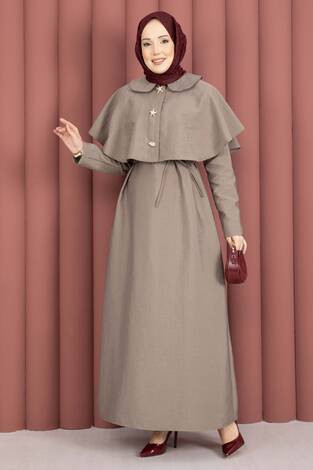 Minimal Pelerin Detaylı Bağcıklı Elbise Vizon - Thumbnail