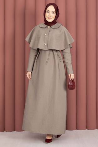 Minimal Pelerin Detaylı Bağcıklı Elbise Vizon