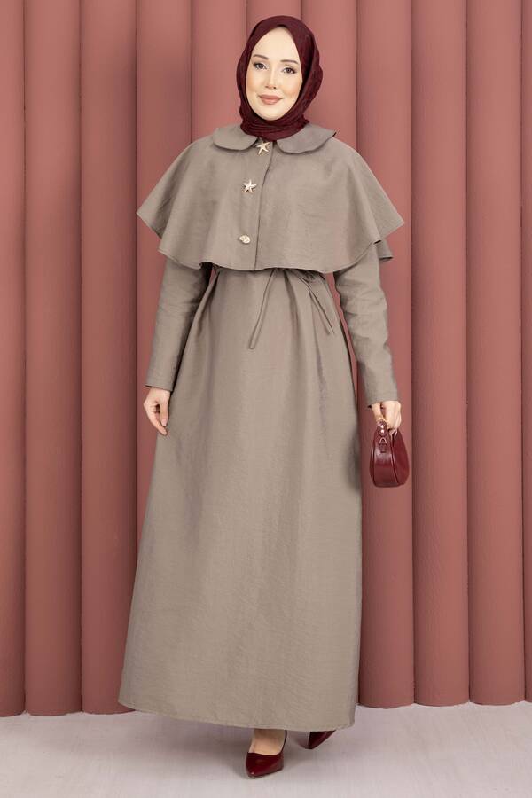 MD - Minimal Pelerin Detaylı Bağcıklı Elbise Vizon