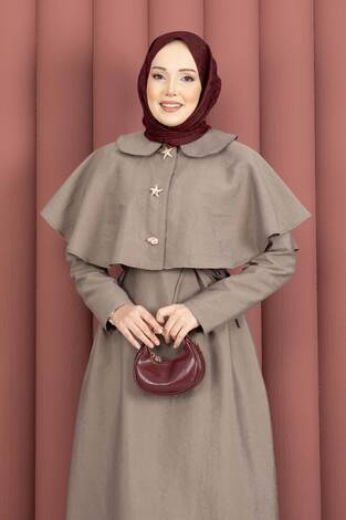 Minimal Pelerin Detaylı Bağcıklı Elbise Vizon - Thumbnail