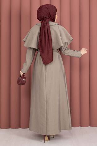 Minimal Pelerin Detaylı Bağcıklı Elbise Vizon - Thumbnail