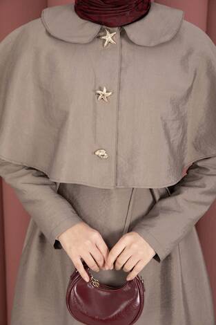 Minimal Pelerin Detaylı Bağcıklı Elbise Vizon - Thumbnail