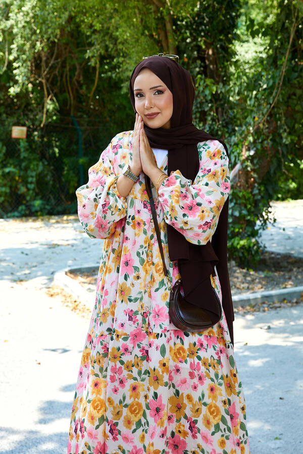 Mlk - Modal Çiçek Desenli Tesettür Elbise Pembe (1)