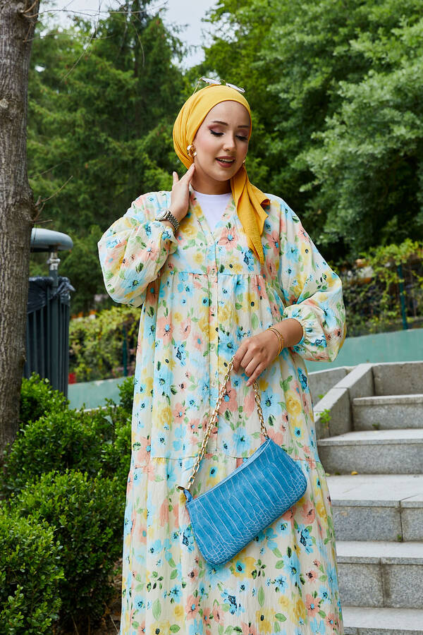 Mlk - Modal Çiçek Desenli Tesettür Elbise Sarı (1) Mlk - Modal Çiçek Desenli Tesettür Elbise Sarı (1)