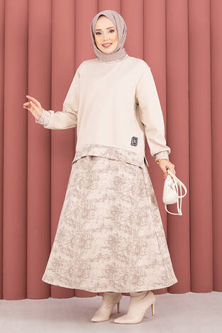 Modern Desen Garnili Tesettür Etekli Takım Bej - Thumbnail