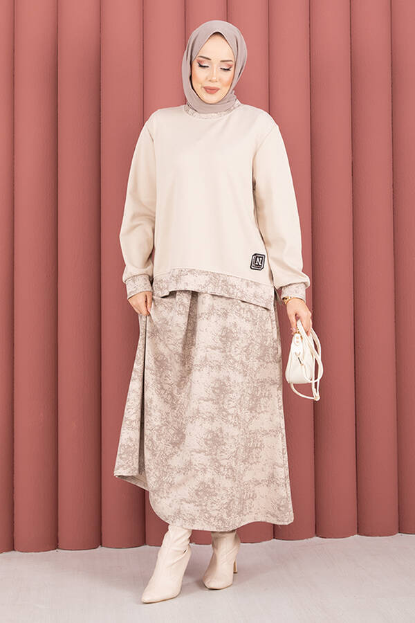 Nz - Modern Desen Garnili Tesettür Etekli Takım Bej