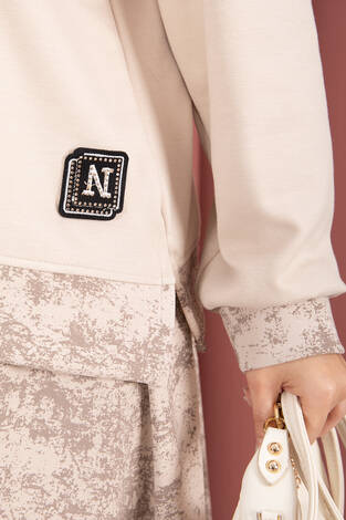 Modern Desen Garnili Tesettür Etekli Takım Bej - Thumbnail