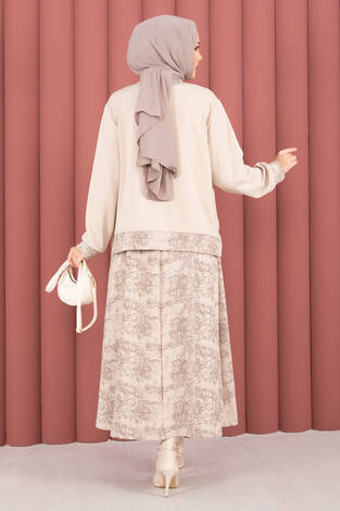 Modern Desen Garnili Tesettür Etekli Takım Bej - Thumbnail